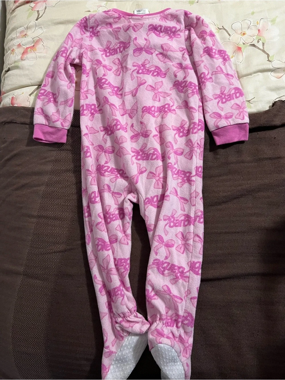 Barbie Footed Pajamas Girls 2T Pink Logo Bow Fleece Zip Front Sleeper